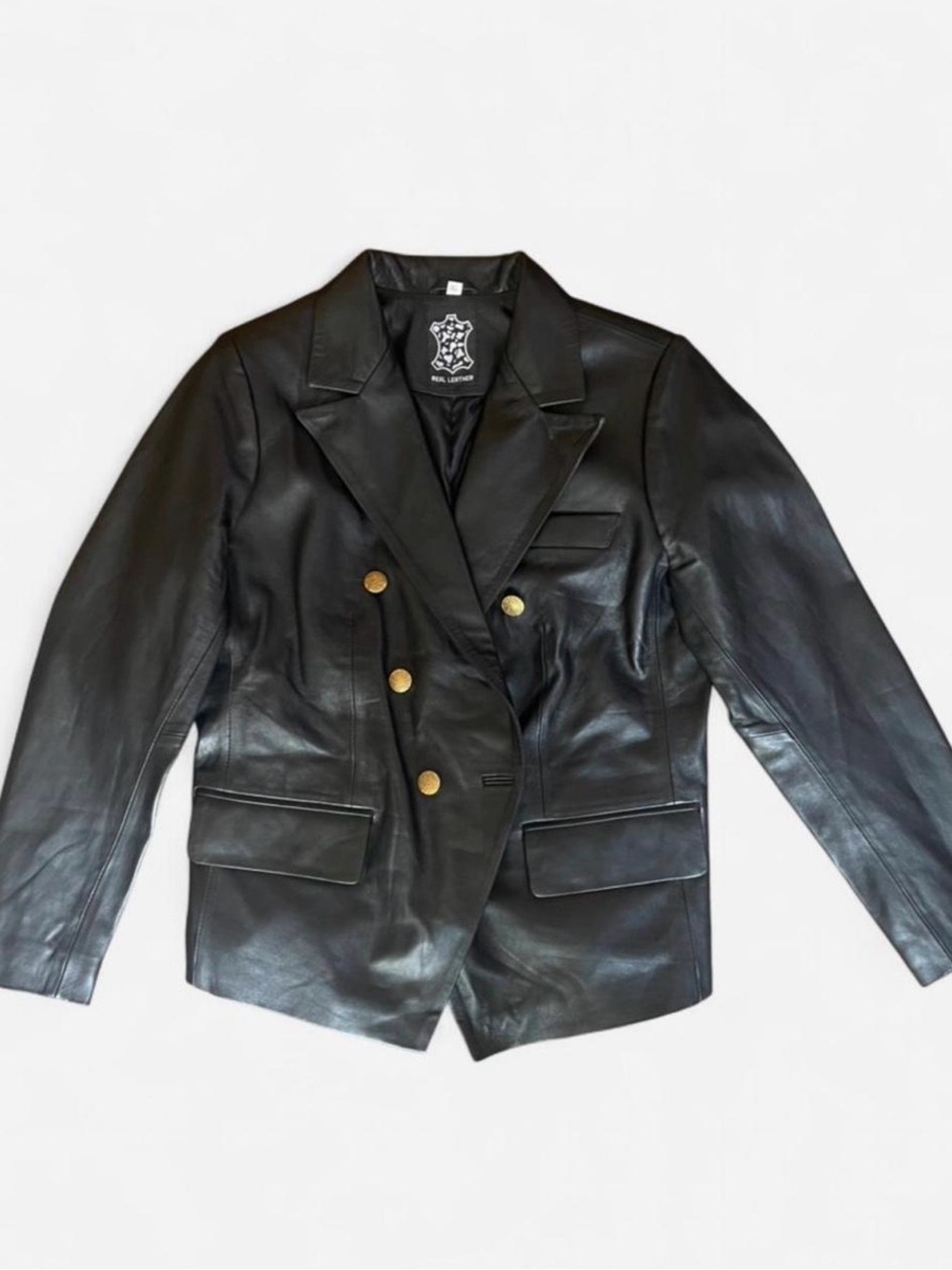 Real Leather Black Classic Double Breasted Gold Buttons Moto Style Blazer XL